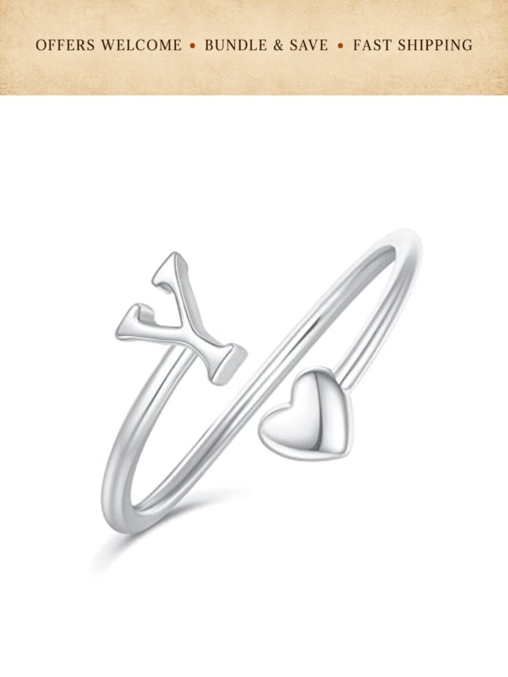 Gold Plated Heart Initial Rings Adjustable Stackable Rings